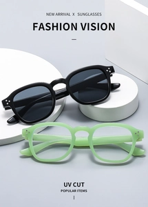 Detail of square sunglasses and clear glasses featuring silver rivet accents and UV protection