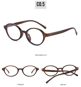 Detailed views of vintage oval eyewear with translucent brown frames and rice-nail studs
