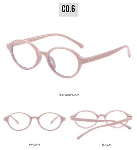 Macro view showing the front, back and 45-degree angle of pink oval anti-blue light glasses