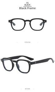 Detailed front and side views of thick black square glasses frames with silver rivets