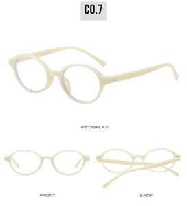 Three views of cream oval glasses showing 45-degree, front, and back perspective details