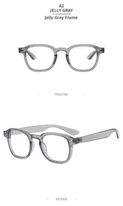Detail view of jelly gray retro square glasses frame from front and 45-degree angle