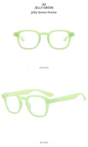 Detailed views of jelly green rectangular eyewear frames with silver rivet accents
