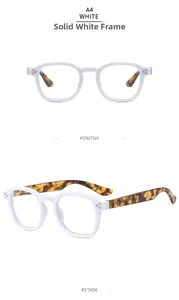 Detail view of white thick frame eyeglasses with tortoiseshell temples and silver rivets