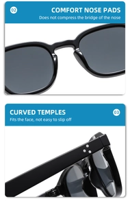 Detail of ergonomic nose pads and rivet curved temples on black square sunglasses