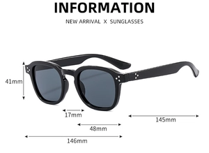 Detailed dimensions of retro square sunglasses with metal rivets and black frame