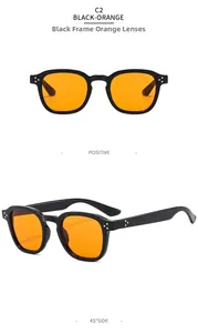 Detailed front and side views of vintage square black sunglasses with orange lenses