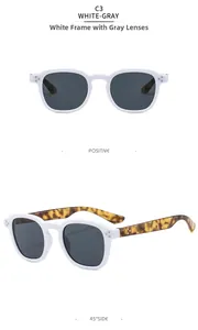 Front and 45-degree side view of square white sunglasses with dark grey lenses and tortoiseshell temples