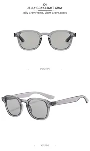 Detail view of retro square jelly gray sunglasses with light gray lenses from two angles