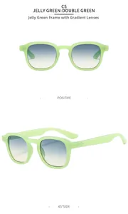 Detail view of jelly green square sunglasses with gradient lenses and silver rivet accents