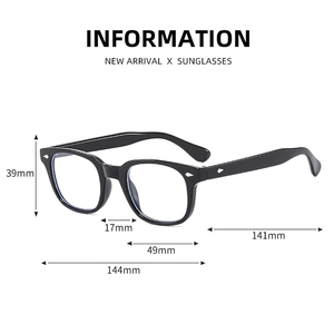Detailed dimensions of square black frames with blue light blocking lenses and stud