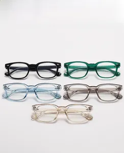 Flat lay of retro square anti-blue light glasses in five transparent assorted colors