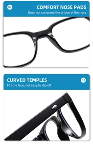 Detail of comfortable nose pads and curved anti-slip temples on square glasses frame