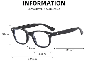 Detailed dimensions of square anti-blue light glasses frame with metal diamond accents