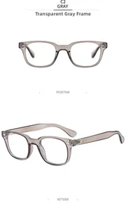 Detail view of transparent grey square frames with anti-blue light clear lenses