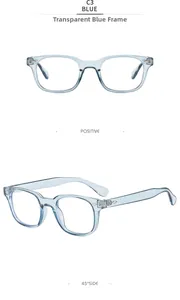 Detailed front and side view of transparent blue square frame anti-blue light glasses