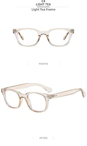 Detail view of square light tea frames with clear anti-blue light lenses from two angles