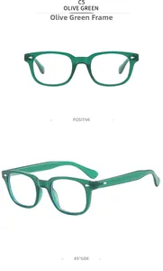 Detail view of olive green square frames with silver diamond rivets and clear lenses