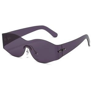 One-piece purple jelly shield sunglasses with silver rivet accents and wavy rim design