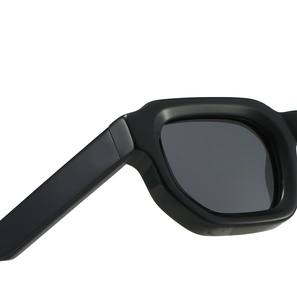 Close-up of durable metal hinge on thick black acetate square frame sunglasses