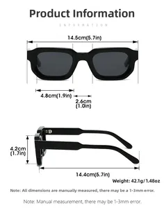 Detailed views and measurements of thick black rectangular retro sunglasses with dimensions