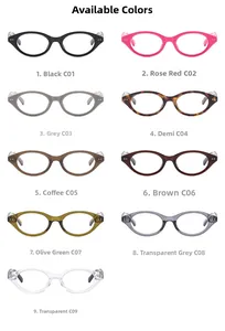 Collection of nine colorful oval glasses frames including tortoiseshell and transparent styles