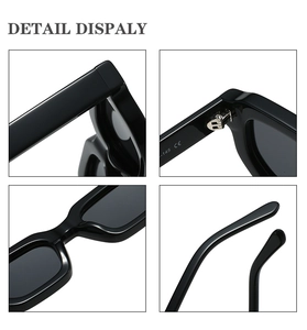 Macro view of metal hinges and sleek nose pads on thick black square sunglasses