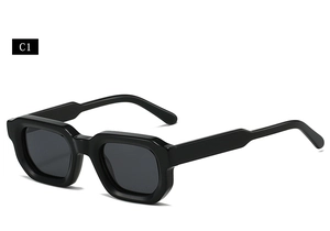 Side view of thick black square sunglasses featuring durable frames and dark grey lenses