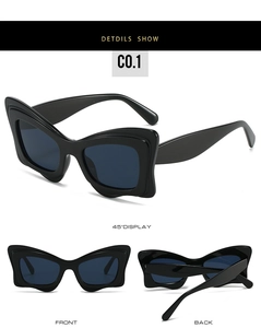 Vues multi-angles de lunettes de soleil papillon surdimensionnées avec monture noire épaisse