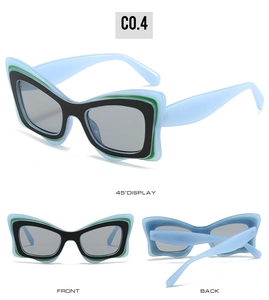 Vues détaillées de lunettes papillon bleu clair avec monture multicouche distinctive