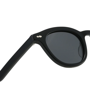Detailed close-up of thick matte black frames with premium silver metal hinge accents