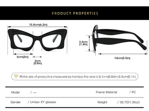 Detailed size chart of oversized butterfly cat eye glasses frames with specific measurements