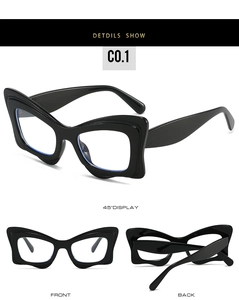 Three-way view of black cat-eye butterfly frames with clear blue light blocking lenses