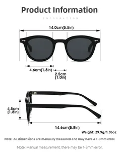 Macro detail of retro oval thick-frame sunglasses with measurements and black finish
