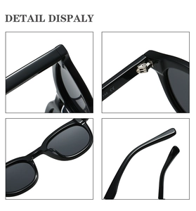 Detail view of oval acetate sunglasses showing reinforced hinges and CE certified temples