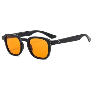 Vintage square sunglasses with black frame, orange lenses and silver stud rivets