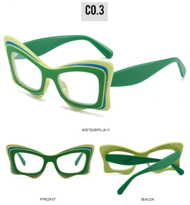 Detailed 45-degree, front and back views of colorful cat-eye butterfly eyeglass frames
