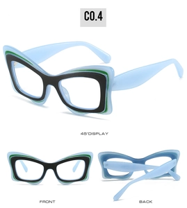 Three-angle view of blue cat-eye butterfly frames with artistic multicolor design