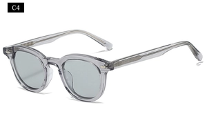 Detail of C4 retro oval sunglasses with grey acetate frame and blue lenses
