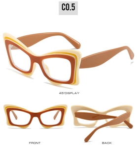 Three-view display of blue light cat-eye glasses frame with tricolor layered pattern
