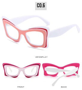 Detailed views of cat-eye butterfly glasses frames with colorful layered patterns
