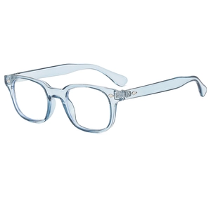 Ice blue transparent square frame glasses with silver rivets and anti-blue light lenses