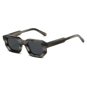 Retro thick rectangular sunglasses with wood grain texture frame in a 45-degree angle view