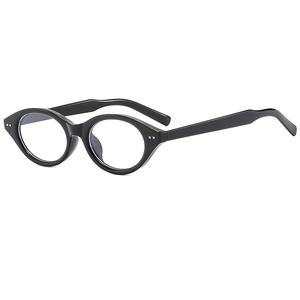 Retro black oval cat-eye glasses frame with silver dot accents in 45-degree side view