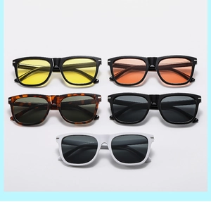 Vertical display of stylish square sunglasses in five different frame and lens colors