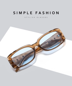 Close-up of rectangle amber frames and blue lenses with detailed inner temple specs