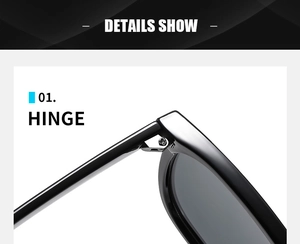 Macro view of sturdy metal hinge design on black square frame fashion sunglasses