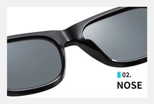Detail view of the ergonomic integrated nose pads on black square fashion sunglasses
