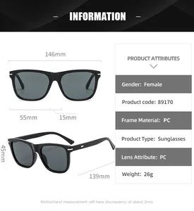 Detailed size chart for square sunglasses showing lens width and temple dimensions