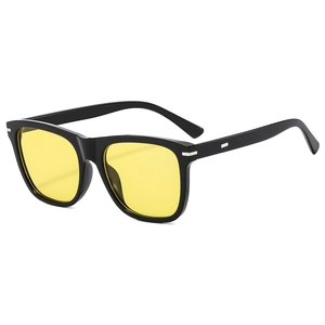 Fashionable square black sunglasses with yellow lenses and silver metal rivet accents